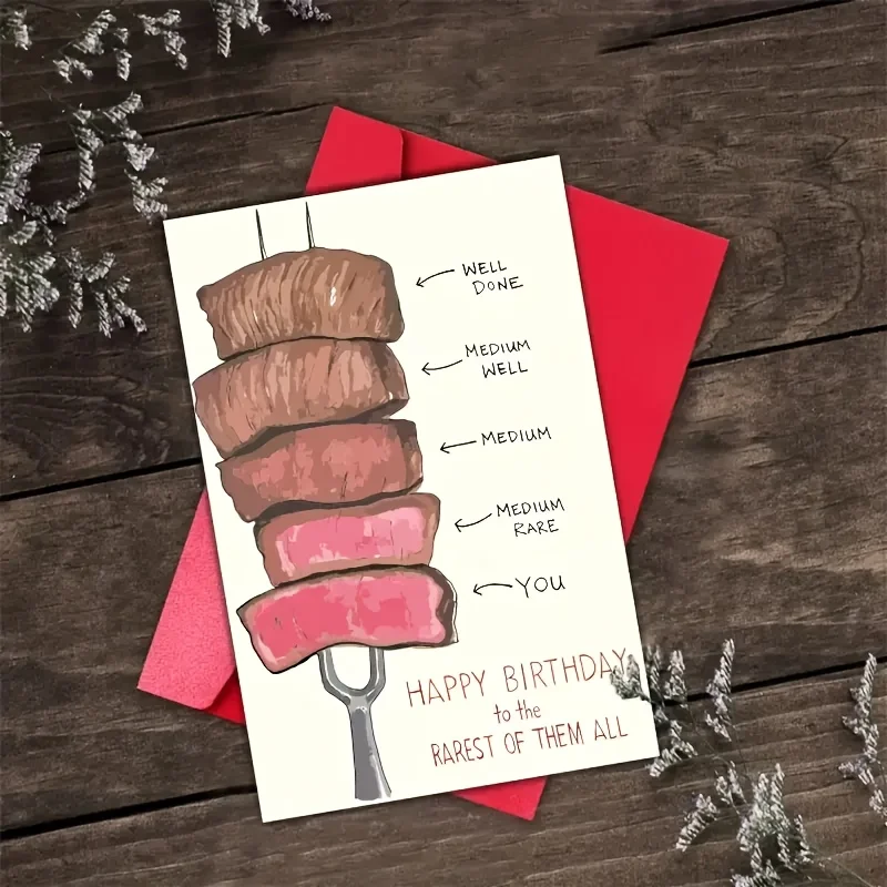 Funny BBQ Themed Birthday Card - Humorous Meat Sliced Design Hand Painted Steak Skewers - The Perfect Gift for Friends, Family, and Colleagues, Energetic Envelopes, Office Gift Ideas, BBQ Themed Stationery, Mature Middle School Student Design