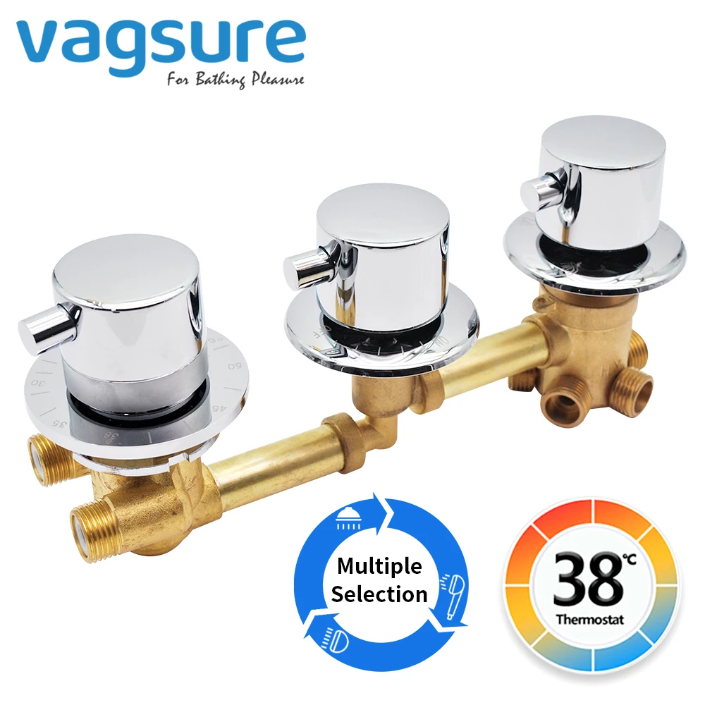 Solid Brass Thermostatic Shower Faucet Shower Room 3 Knobs Thermostatic Control Valve Mixer Tap  2/3/4/5 Way Output Diverter