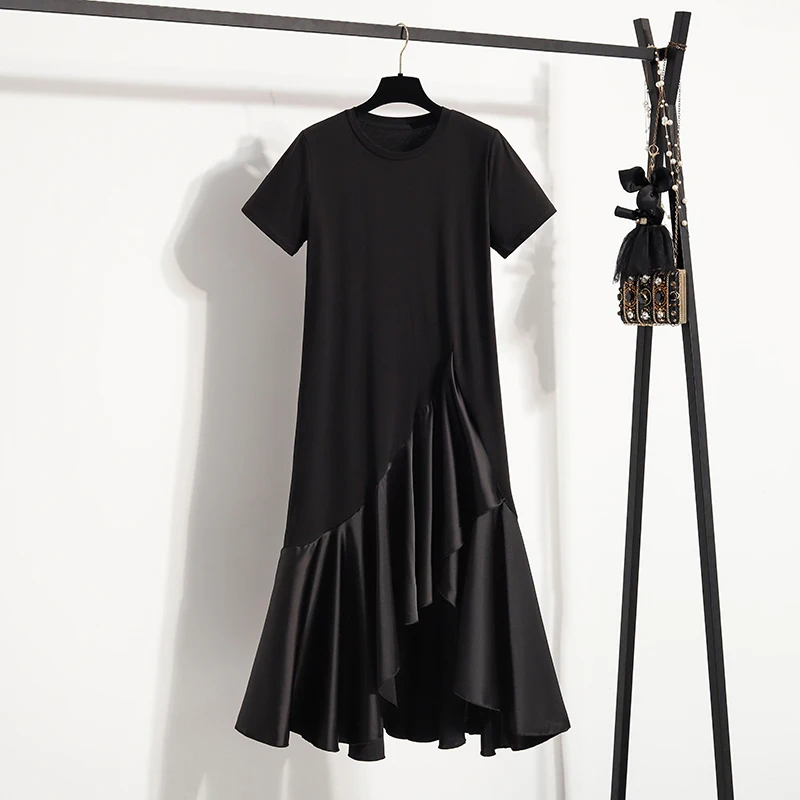 HKSH ฤดูร้อนใหม่ผู้หญิงแฟชั่นรอบคอสั้นเสื้อยืด TOP ชุดแนวโน้ม Patchwork พับ Elegant Dark Chic INS HK9445