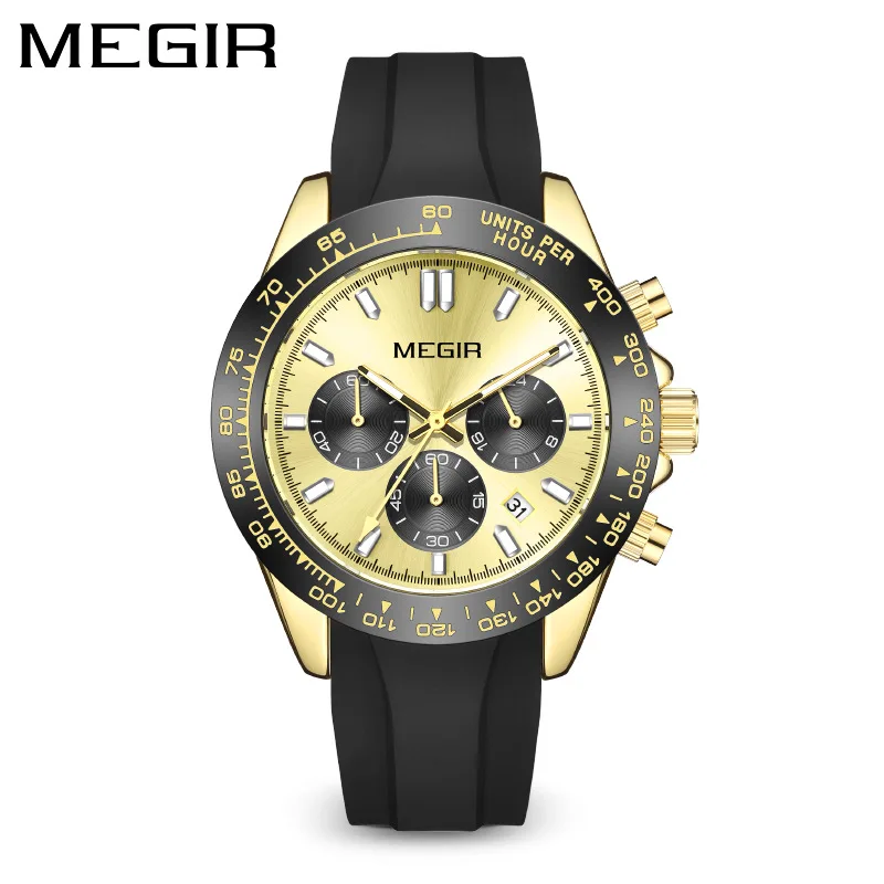 MEGIR 8104 Quartz Watch Fashion Cool Sports Chronograph Luminous Black Gold Silicone Strap Wristwatch for Men Clock Gift ﻿