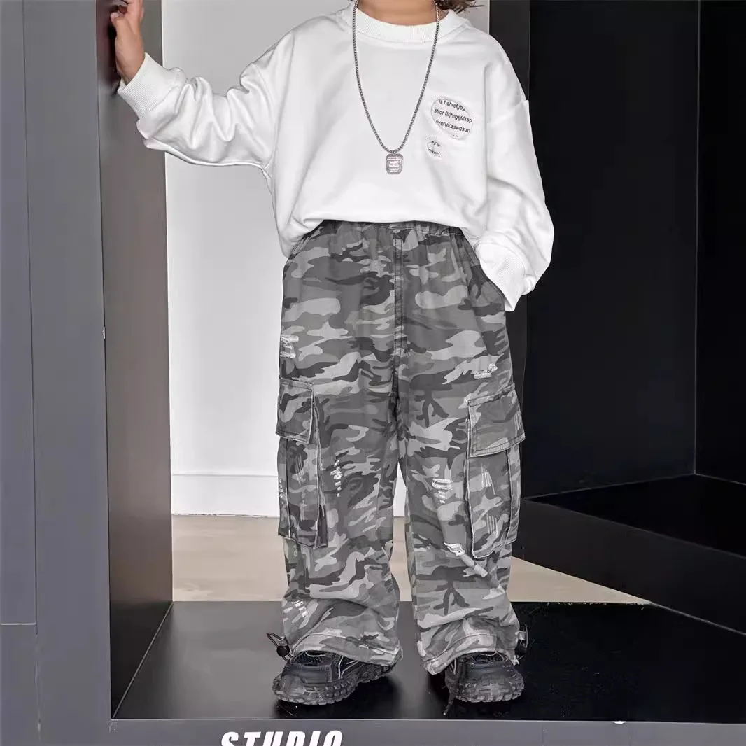 Autumn Pants for Boys Korean Version 2026 New Camouflage Perforated Work Pants Wide Leg and Stylish