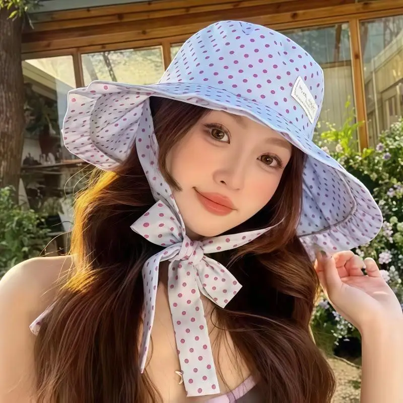Polka Dot Bucket Hat Cute Wide Ruffled Brim UV Protection Breathable Sun Hat for Summer Beach Travel