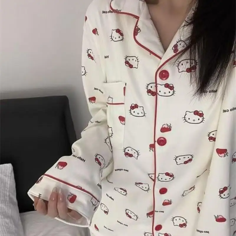 

Cartoon Sanrio Hello Kitty Strawberry Velour Pajamas Set Women Japanese Style Autumn Winter Warm Thickened Homewear Outdoor Wear