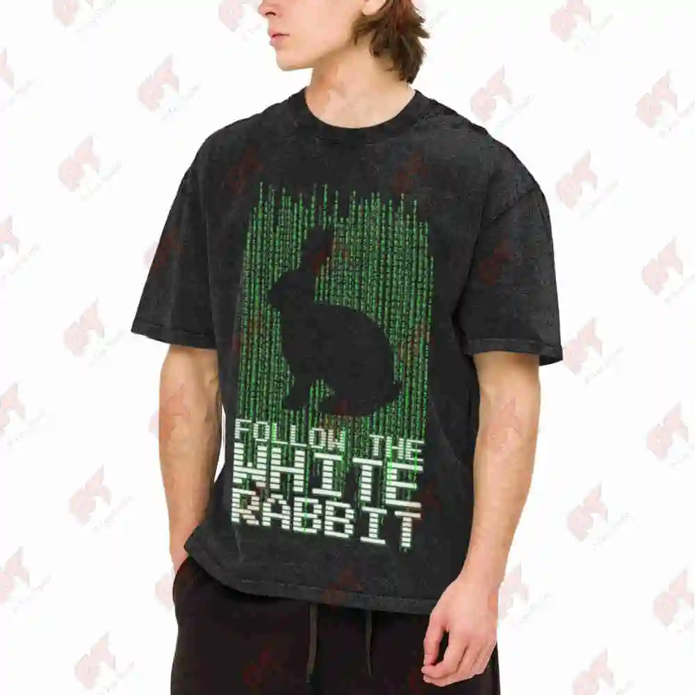 Matrix Follow The White Rabbit Vintage Washed Tee Pure Cotton T-Shirt