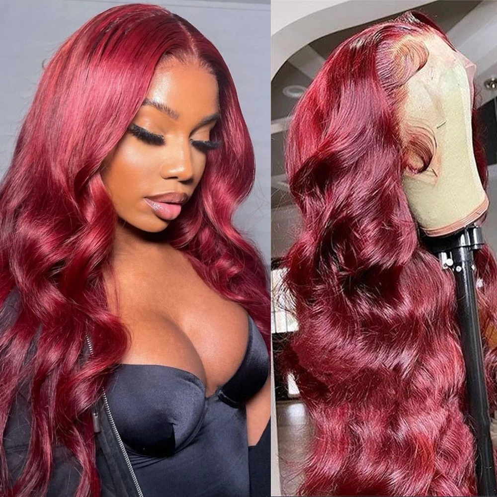 #99J Body Wave Lace Frontal Human Hair Wig Burgundy HD Transparent Lace Front Wigs Human Hair Pre Plucked For Women 180%Density