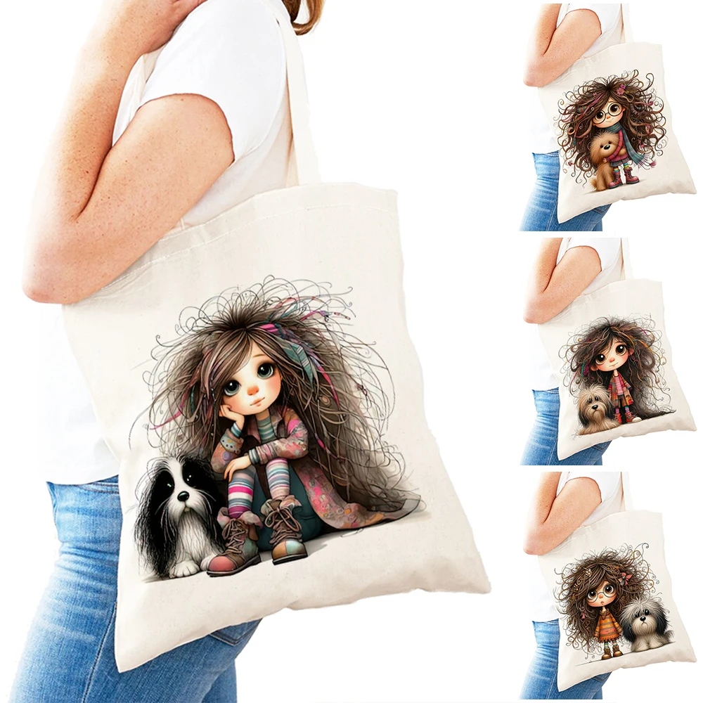 

Girl and Dog Lady Shopping Bags Double Print Women Shopper Bag Harajuku Cute Cartoon Children Girl Handbag Daily Commute Tote