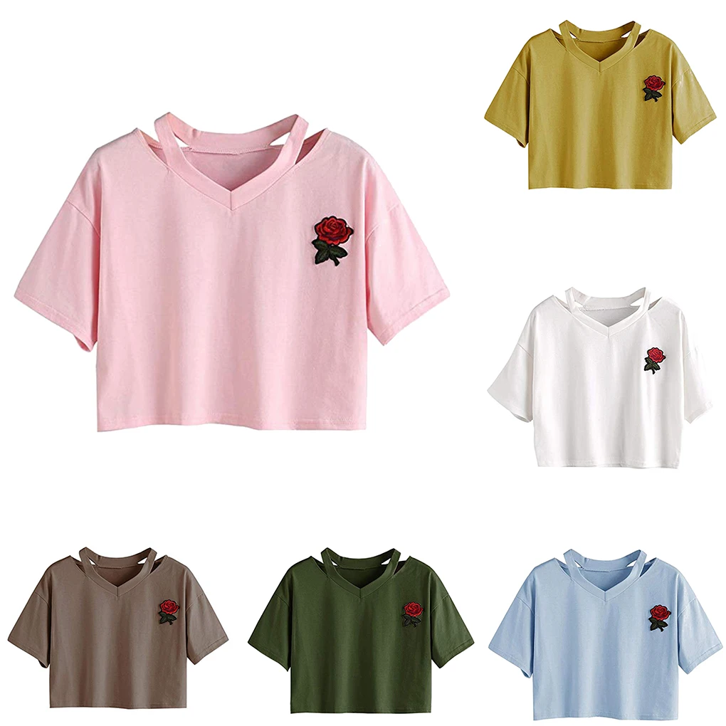 Femmes Sexy col en v brodé Rose T-Shirt court haut pour femme filles Blouse