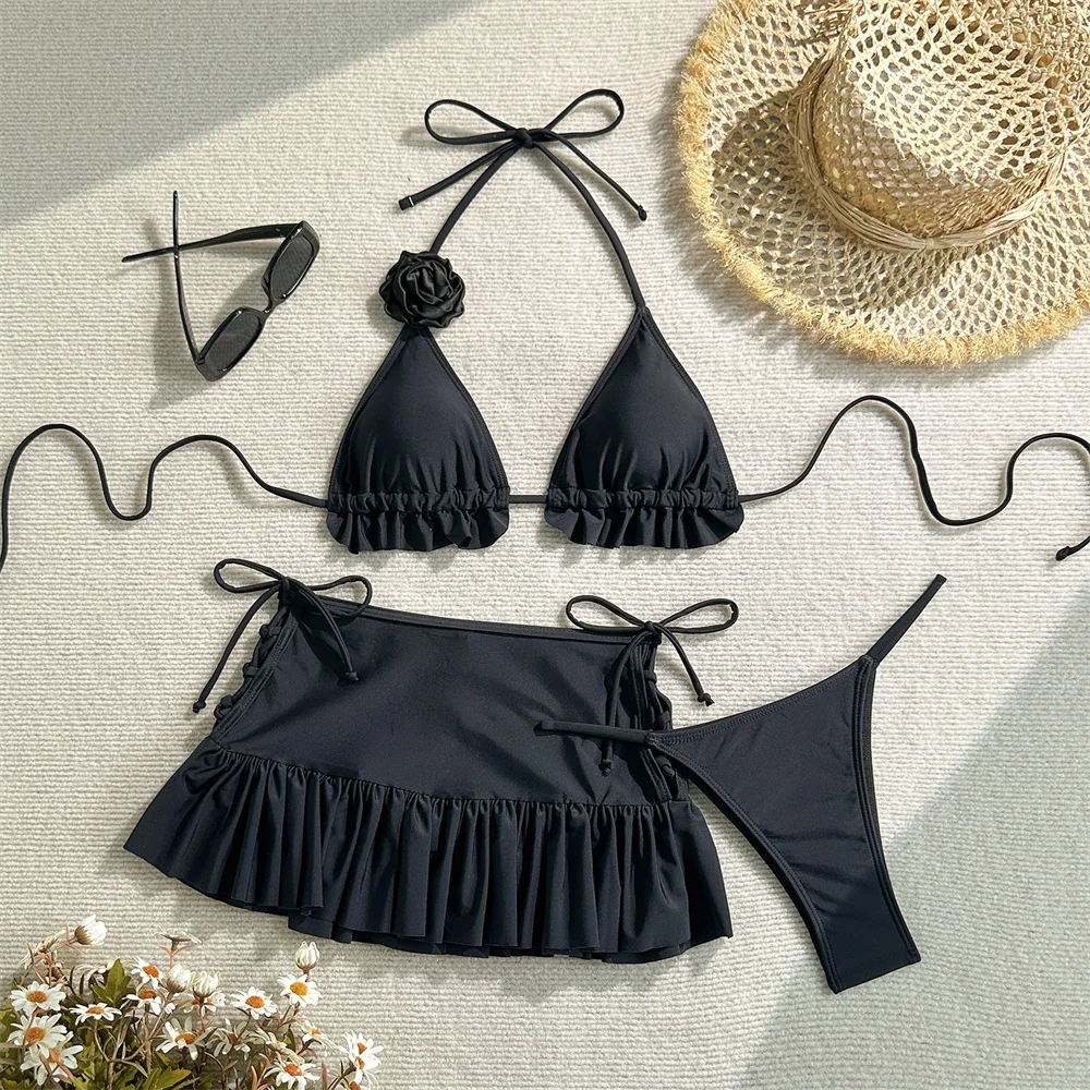 

Sexy Drawstring Swimsuit Skirt Hollow Ruffled Bikini Lace Backless Swimwears Women Black Rose Bathing Suit Beach Vacation Outfit