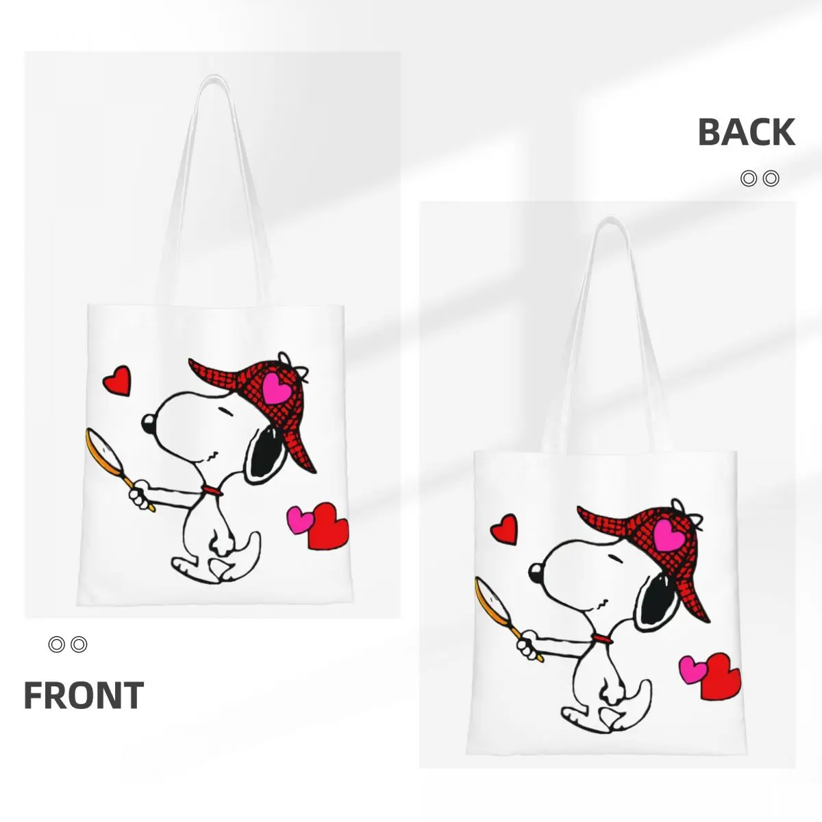 Custom Funny Printed Snoopy Woodstock Cartoon Animated Love Shopping Tote Bag Durable Canvas Shopper Shoulder Handbag