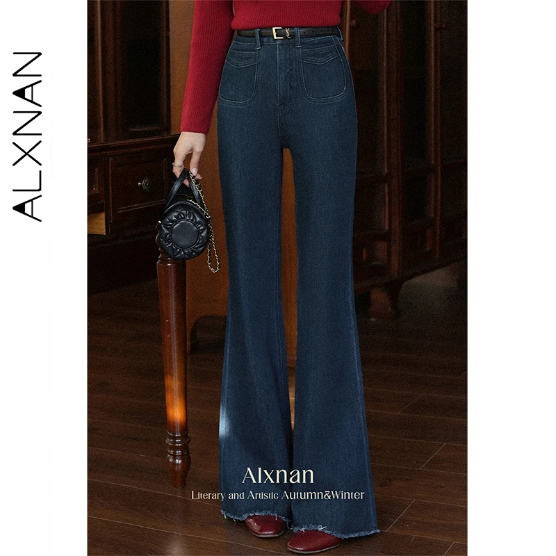 

ALXNAN синие джинсы, прямые широкие хлопковые винтажные женские расклешенные джинсы, осень 2021, новые элегантные повседневные мешковатые брюки, женские L569182