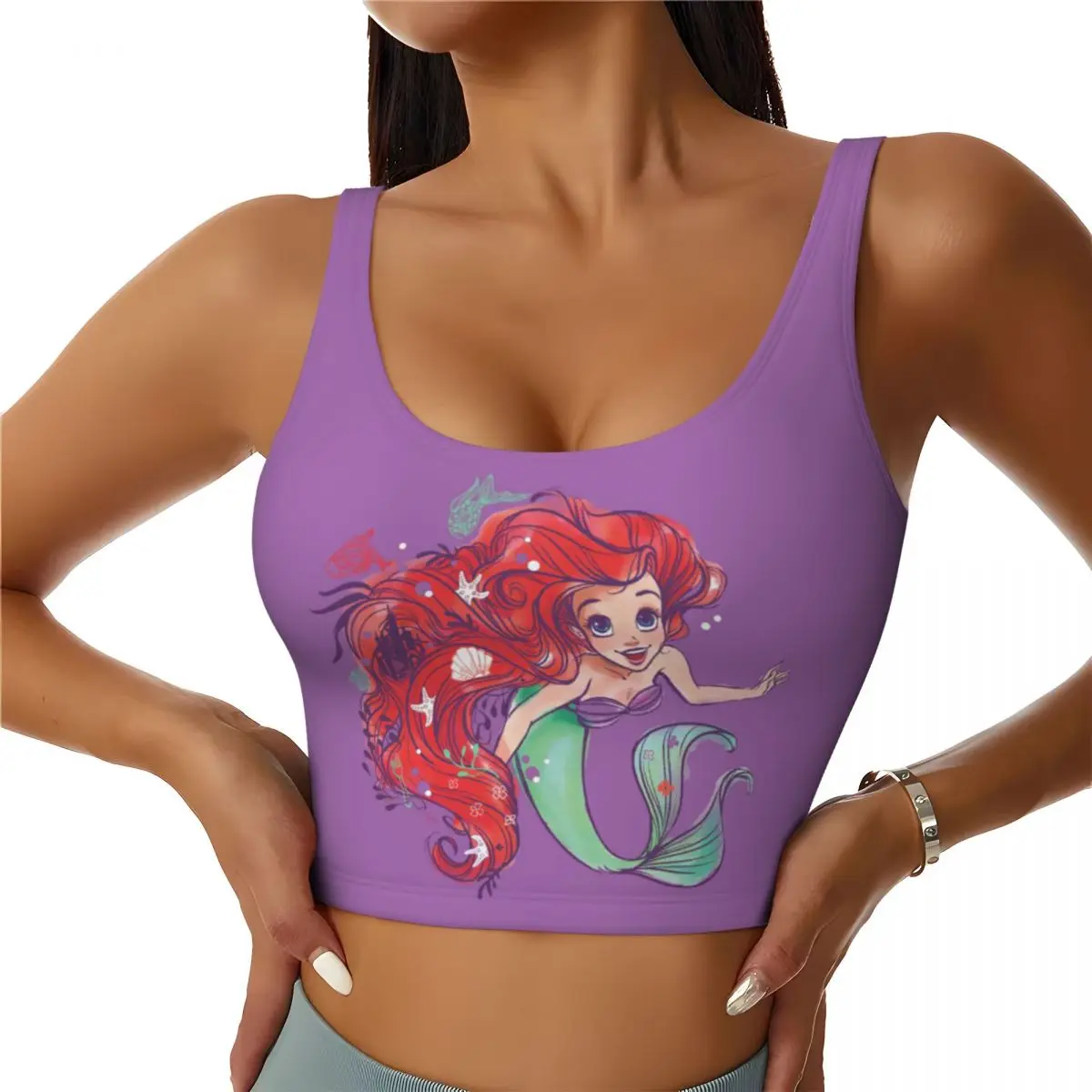 Custom Decorated Hair Princess Ariel Watercolor Sports Bra for Women High Impact Workout Yoga Crop Top