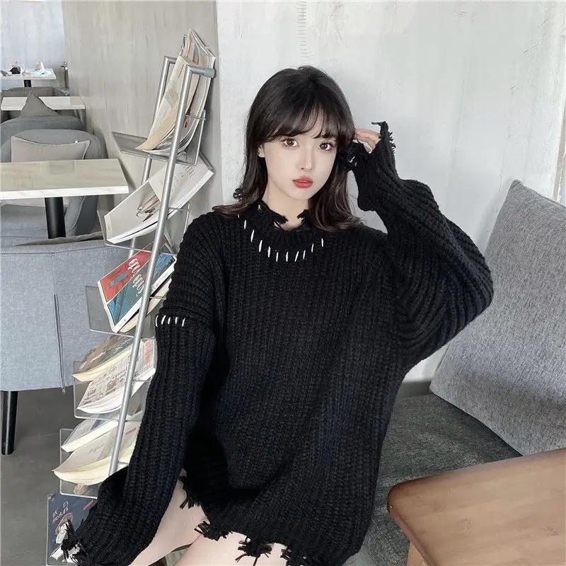 Deeptown Black Ripped Sweater Women Vintage Knitted Jumper Korean Fashion Knitwear Goth Streetwear Oversize Aesthetic Streetwear