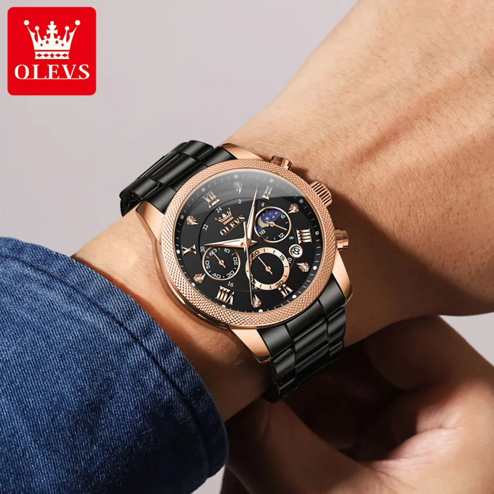 OLEVS 3660 Men Watch Fashion Sports Rose Black Stainless steel Waterproof Multifunctional Calendar Quartz Watch for Men NEW