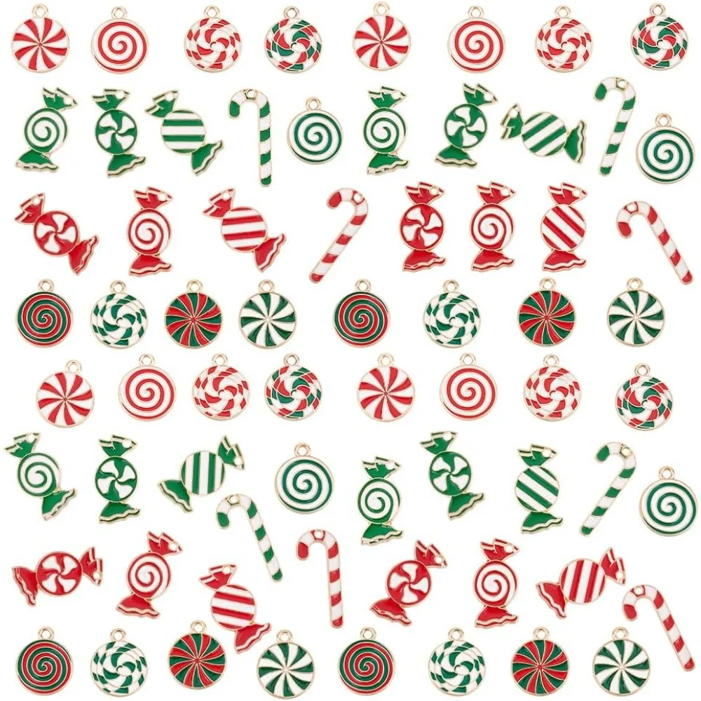 68pcs Christmas Charms 3 Style Alloy Enamel Pendants Xmas Pendants Candy Cane Pendants Round Candy Stick Ornament