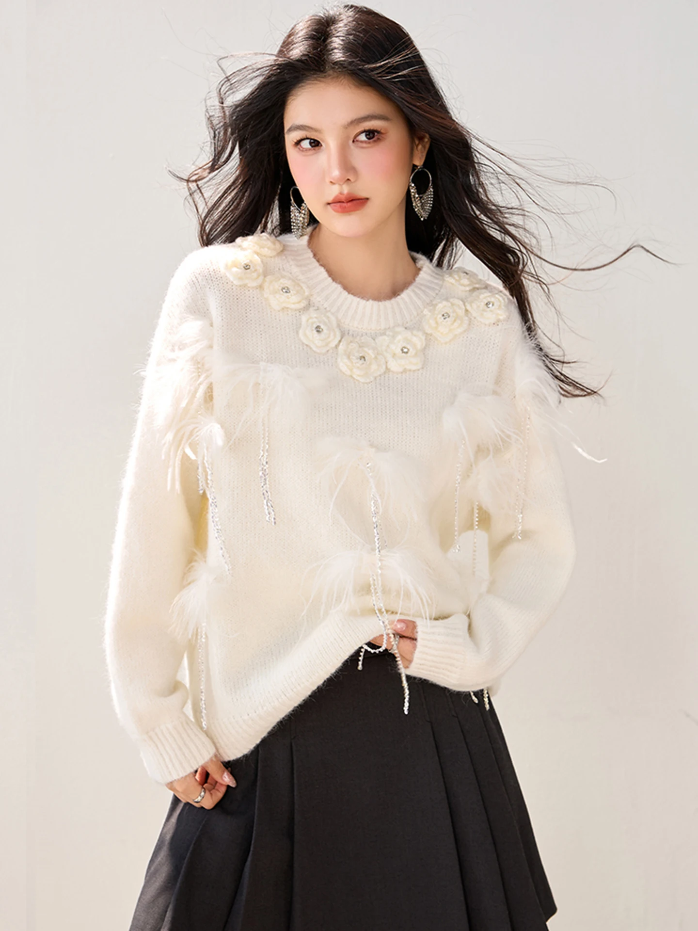 

Зимний свитер с перьями и бусинами, женский свитер с нежным ветром, темперамент, милый свободный вязаный свитер с капюшоном и длинными рукавами