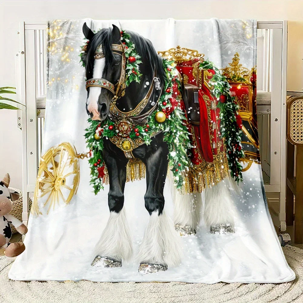 

pc Soft Fleece Christmas Horse Print Blanket Lightweight Polyester Cozy for Outdoor Use Machine Washable