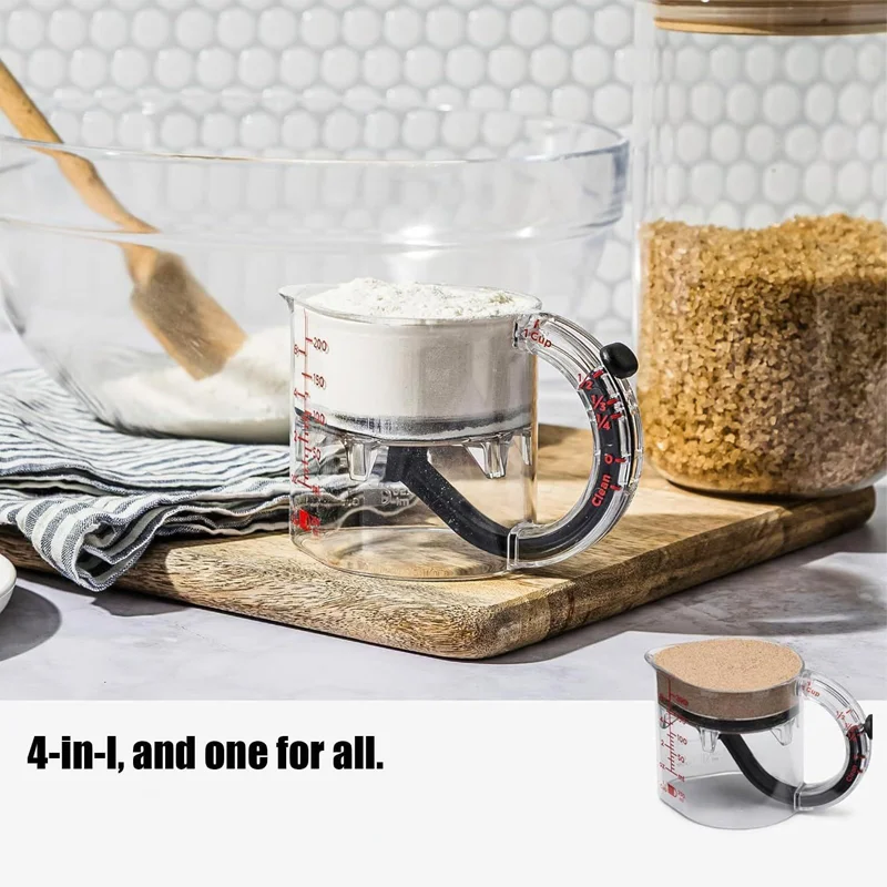 Taza medidora 4 en 1, taza medidora multifuncional ajustable con Base de sellado estilo raspador, tazas cúbicas de cocina, herramientas para cocinar