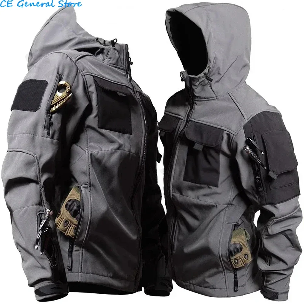 Tactical Jackets Men  Outdoor Waterproof Hood Windbreaker Work Wear Soft Shell Multi-pockets Hunting Motorcy Tops Winter