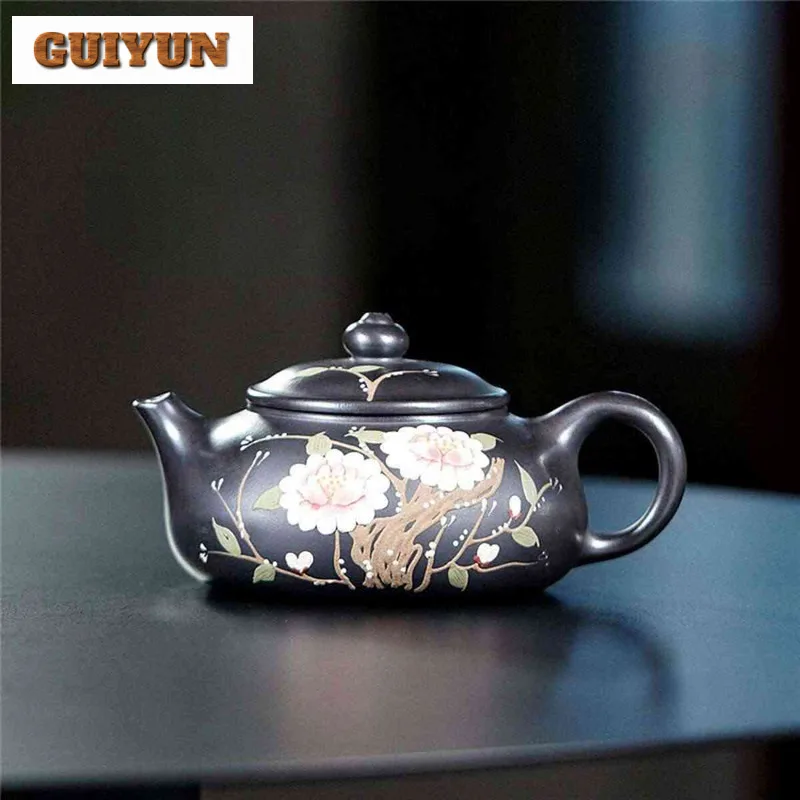 230ml Boutique Yixing Purple Clay Teapot Handmade Colored Drawing Pot Raw Ore Stone Yellow Mud Kettle With Strainer Zisha Teaset