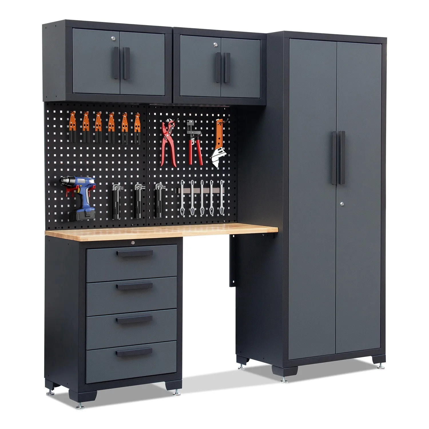 Garage Storage Cabinet System 7Pcs Workshop With Steel Cabinet Drawers Workbench