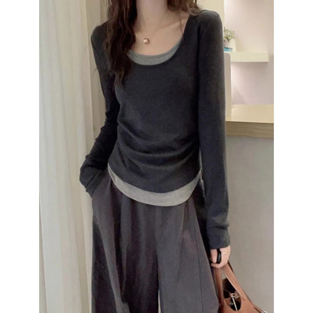 plus Size Slimming Long Sleeve T-Shirt Women's Casual Style High Waist Shoulder Top Color Block Design Autumn Fashion for Girls