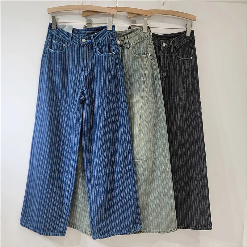 

Jeans Women Striped Straight Pants Vintage Distressed Denims Floor Length High Waist Streetwear Washed Wide Leg Trousers 2026