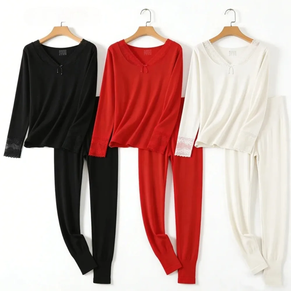 المرأة موضة جديدة بدلة دافئة مرونة عالية غير مقيد الدانتيل الخامس الرقبة مقطوعة القطن بلون الخريف الملابس فستان أطفال مع سروال داخلي