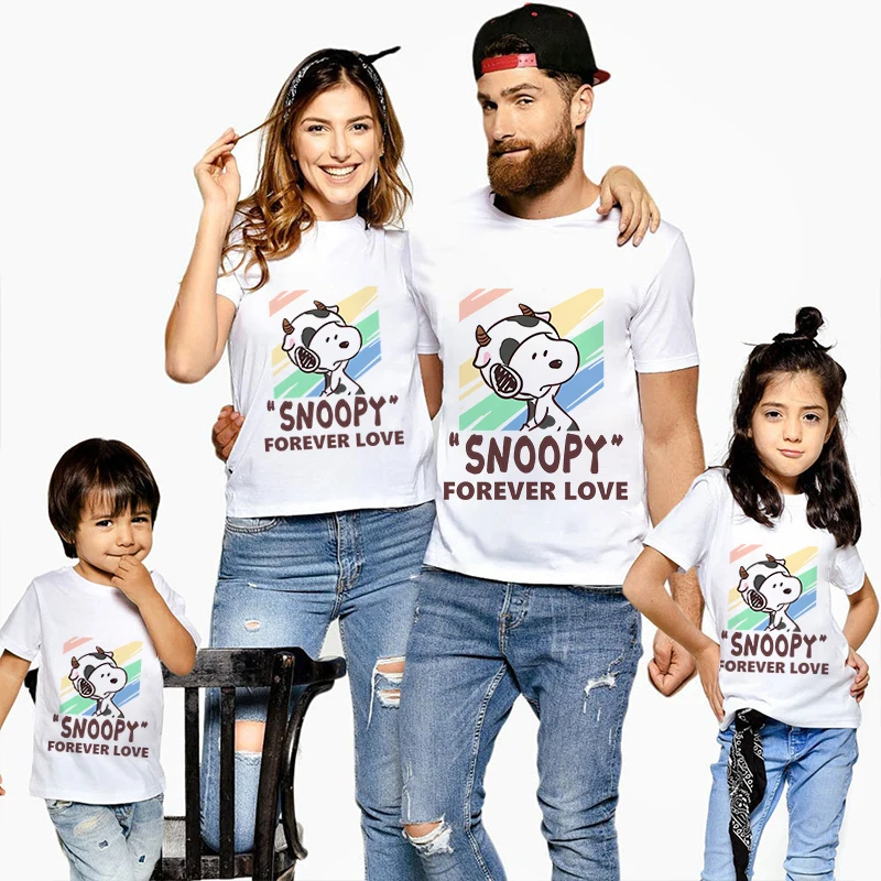 Snoopy Print T-shirt Dad and Mom Cotton Short Sleeve Family Matching Outfits White Casual Top