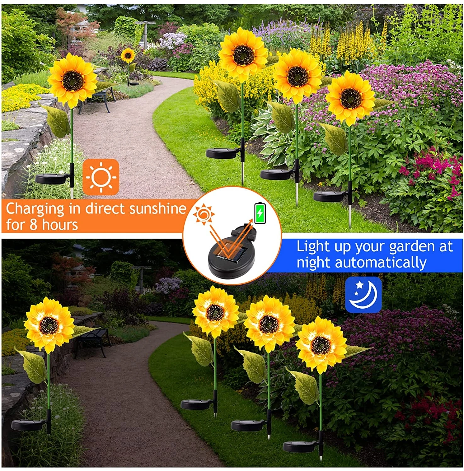 Solar Sunflowers Lights IP65 Waterproof LED Garden Light Outdoor Pathway Lights Garden Stake Lights for Patio Lawn Yard Balcony