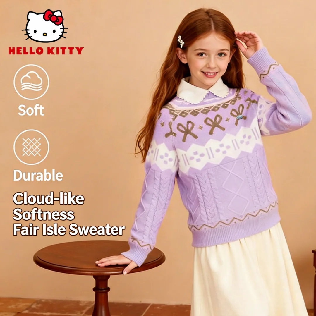 

Hello Kitty детский милый жаккардовый свитер для девочек, осенне-зимний утепленный ветрозащитный трикотаж, удобный дышащий свитер