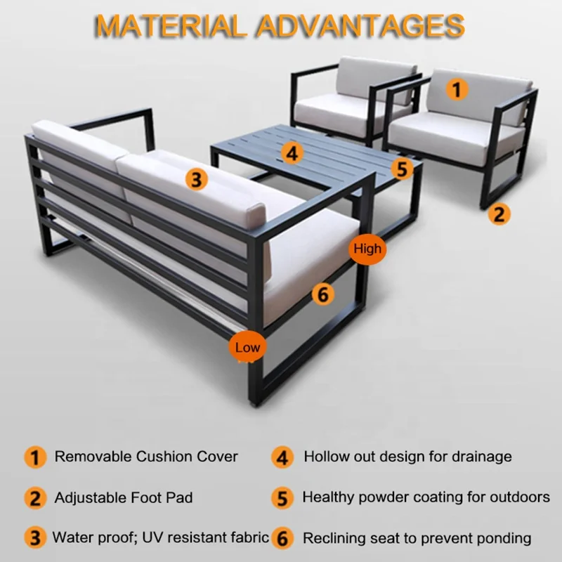 Venda por atacado de móveis para resort de hotel, assento modular de alumínio ao ar livre, sofás seccionais de lazer para jardim