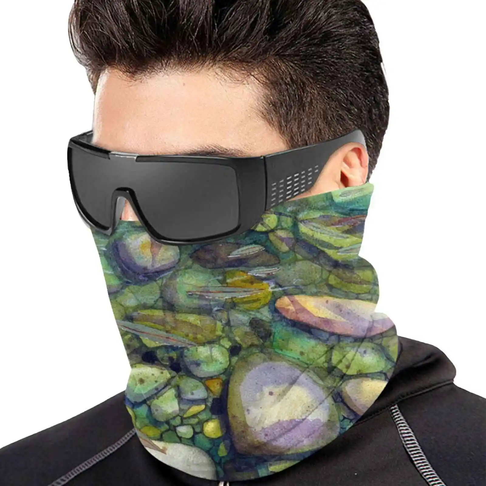 Fresh Knitted Hat Warm Beanie Outdoor Caps Contemporary Nature Watercolour Rocks Pebbles Green Purple Rivers Streams