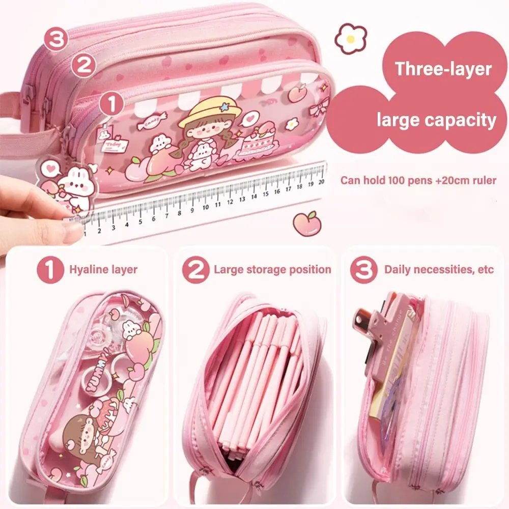Fashion Three-Layers Pen Bag Waterproof Portable Stationery Bag Transparent Pencil Box Students Gift