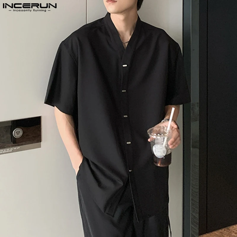 2024 Men Shirt Solid Color V Neck Short Sleeve Summer Fashion Casual Men Clothing Streetwear Leisure Male Shirts S-5XL INCERUN