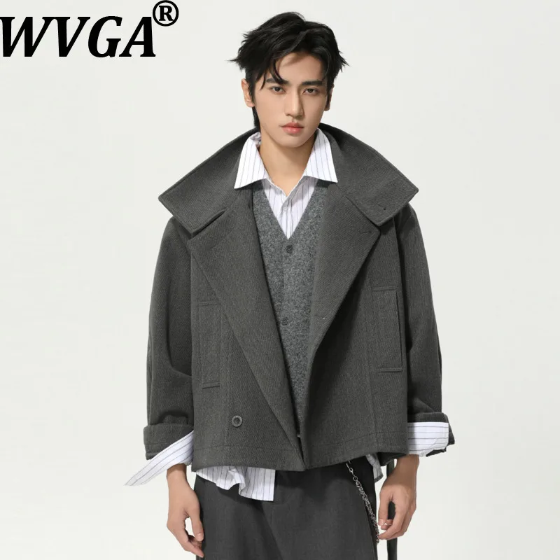 

WVGA Autumn Winter New Men Tide Korean Style High Collar Woolen Belt Design Short High-End Jacket Niche Chic Casual Coats W15568