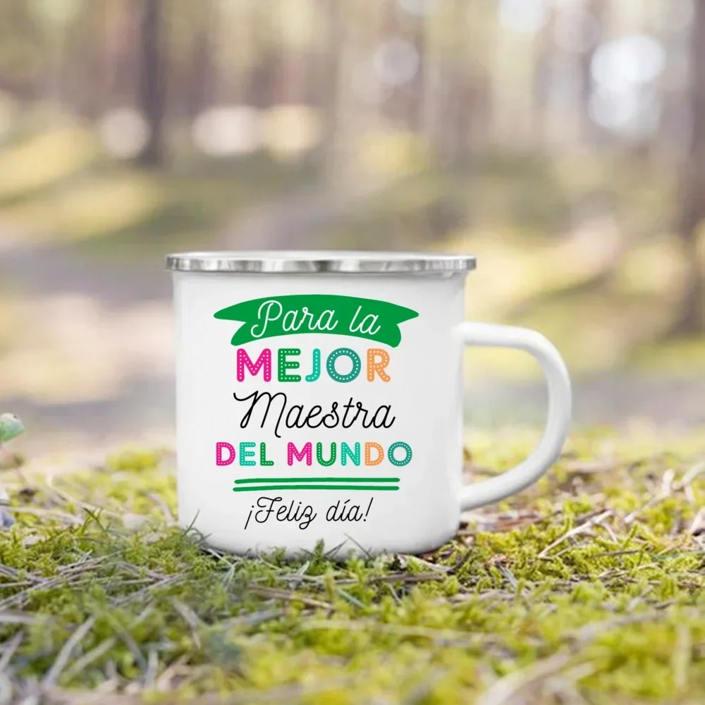 Drinks Enamel Cup Creative Coffee Cups Best Teacher in The World Spanish Printed Mug Vintage Handle Drinkware Gifts for Teacher - view 4