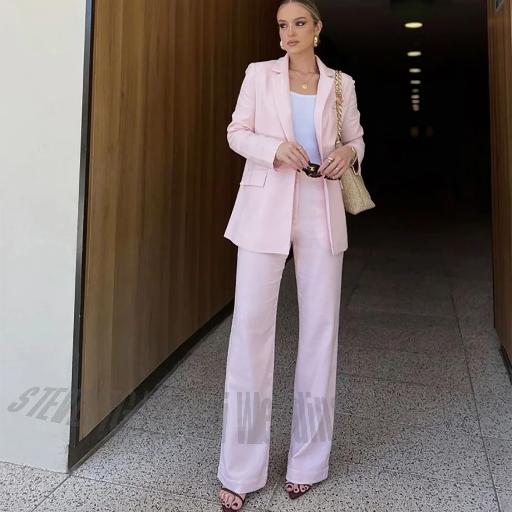 Light Pink Women's Suit Set 2 Piece Classic Notched Lapel Single Button High Quality Office Lady Formal Occasion Female Outfit