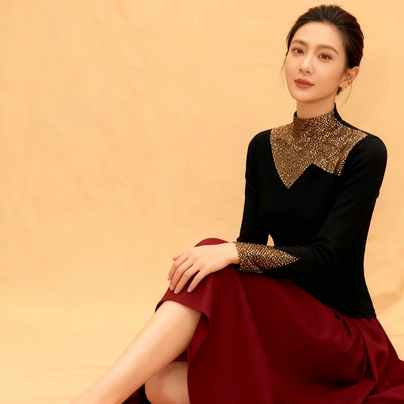 MadBlack-Mulher Europeia Escovada Camiseta, Sexy Mock Neck Diamond, Streetwear Manga Longa Slim S-3XL Tee, 2025 Inverno Novo T5D243CC