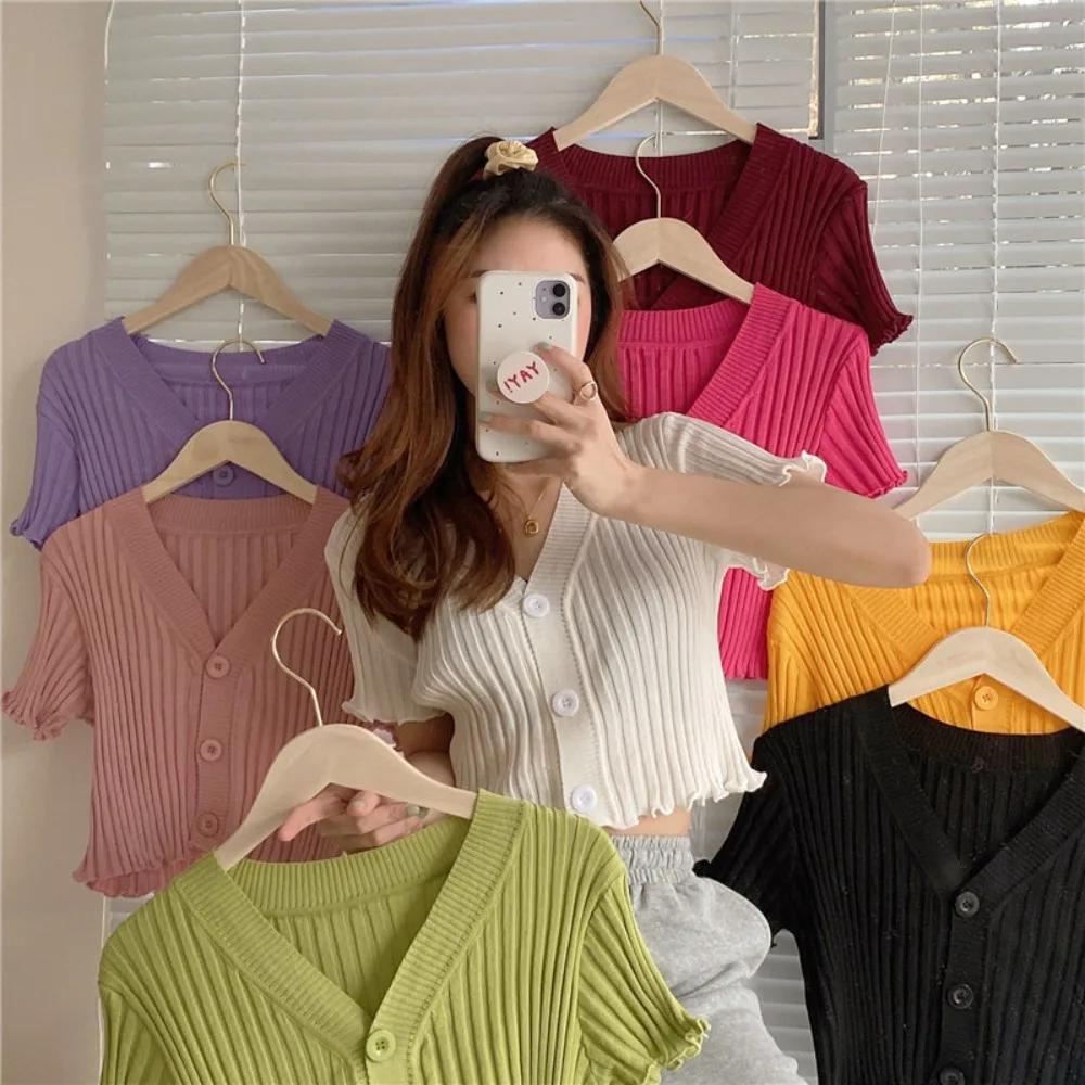 

Summer Cardigan for Women Short Sleeves Thin Knitwears Tops Women's Blouse Over Fit Knitted Short Sleeved Cardigan