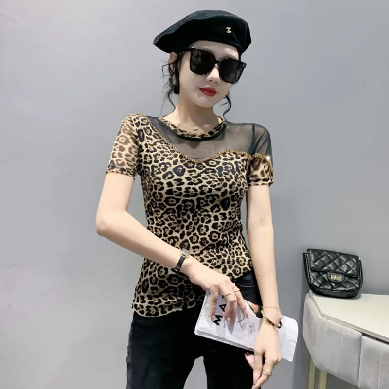 # 4202 Sommer Leopard T Shirt Frauen Verstärktes Mesh Sexy Vintage Dünne T Shirt Weibliche Oansatz Diamanten Kurzarm T-shirts Retro