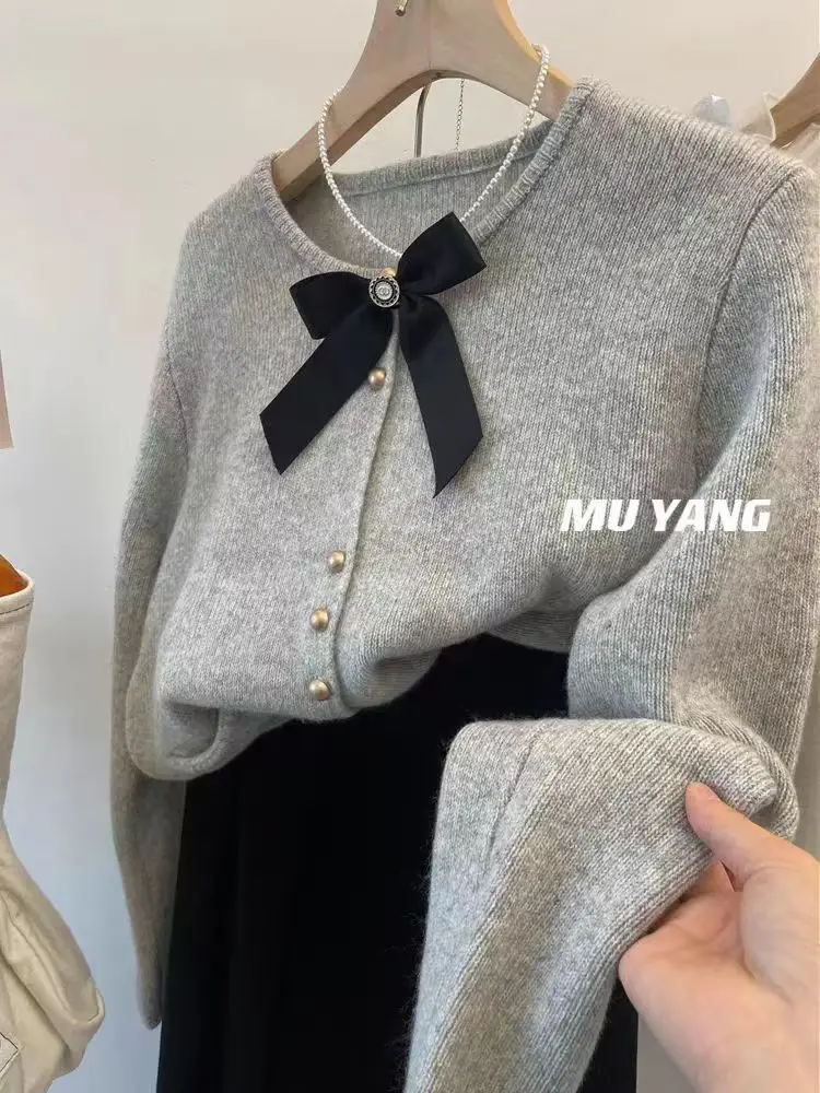 Sweet Bow Knot Sweater Jacket Women Knitted Cardigan Vintage Fashion O-neck Long Sleeve Single Breasted Knitwear Tops Jumper