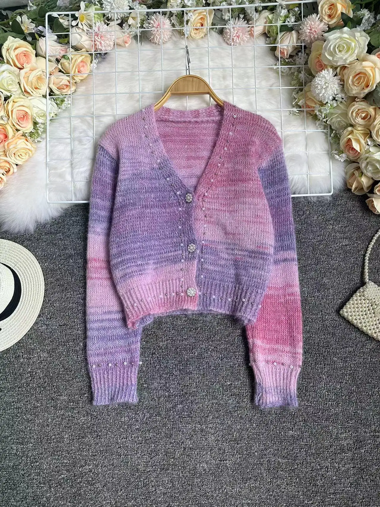

Graduated Color Sweater Jacket Women's V-neck Autumn Winter New Fashionable Short Knitted Cardigan Gentle Sweet Top