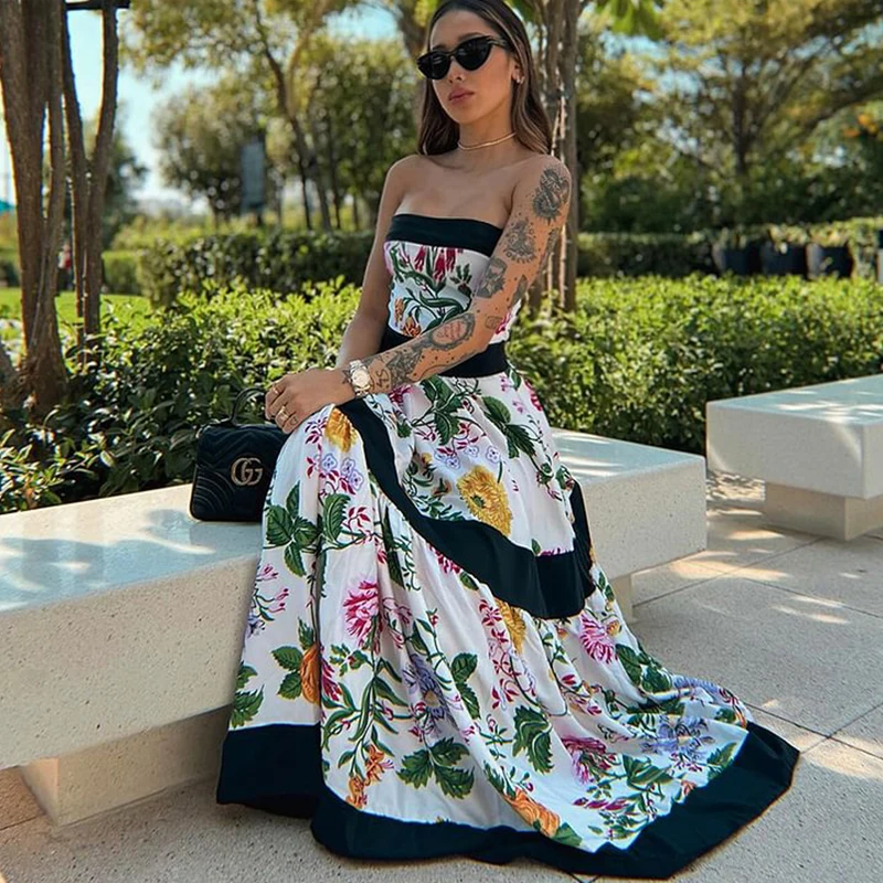 Flaxmaker Retro Off Shoulder Back Bow Tie Color Block Printed One Piece Swimsuit and Skirt Luxury Women Swimsuit Bathing Suit