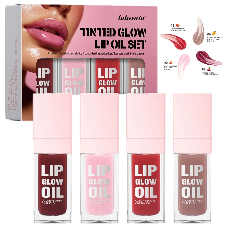 Lakerain Nourishing Tinted Lip Oil Set For A High-shine Finish, Relieve dry lips and keep lips moisturized, 4Pcs Per Set