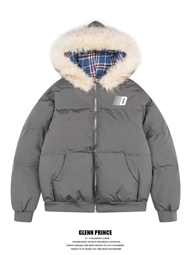 

GPstudio American Plaid Hooded Cotton Jaet Men Loose Thi Warm ort Embroidered Cotton Coat Outerwear Polyester Fiber