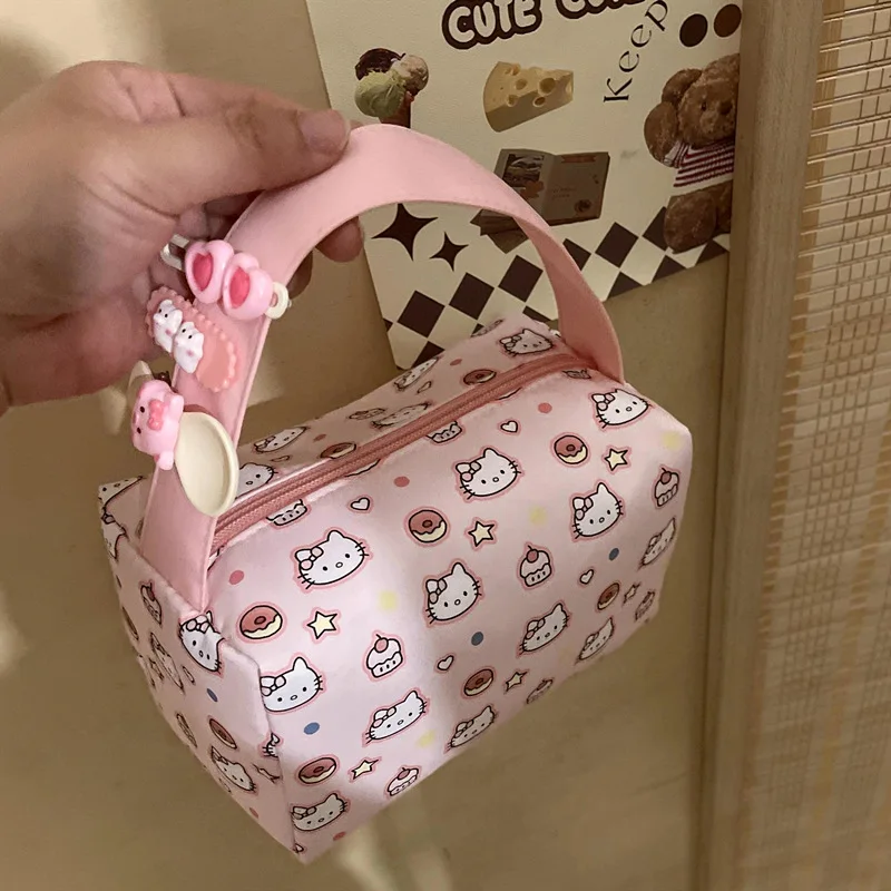 Kawaii KT Rosa Bonito Dos Desenhos Animados Gato Maquiagem Bolsa de Higiene Pessoal Organizador de Viagem de Grande Capacidade para Mulheres Bolsa Portátil 3D