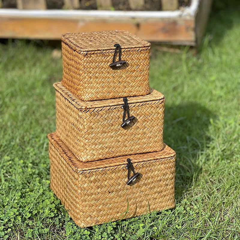 Woven Storage Basket With Lid Rattan Sundries Storage Box Wicker Basket Handmade Sorting Boxes Seagrass Jewelry Organizer