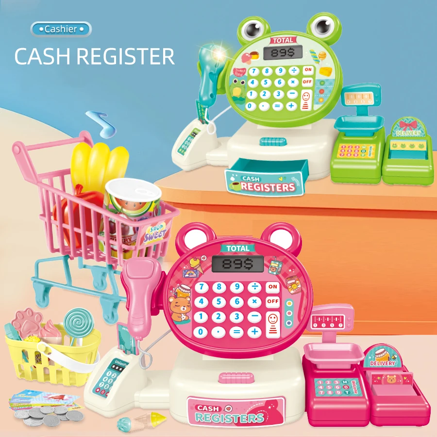 Children play at home toy electric simulation supermarket cash register cartoon frog animal shopping cart computer baby gift