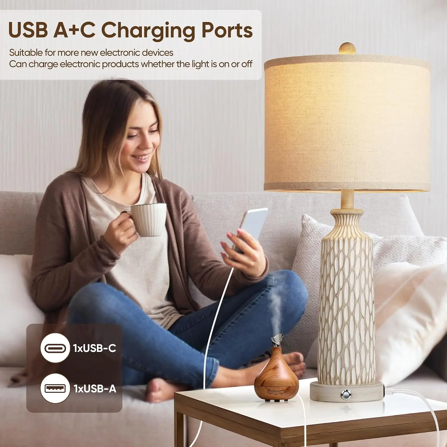 26" Farmhouse Bedside Lamps Set of 2, Touch Control 3-Way Dimmable, USB A+C Charging Ports, Modern Off-White Resin Table Lamps for Living Room, Included 2700K LED Bulbs view 3