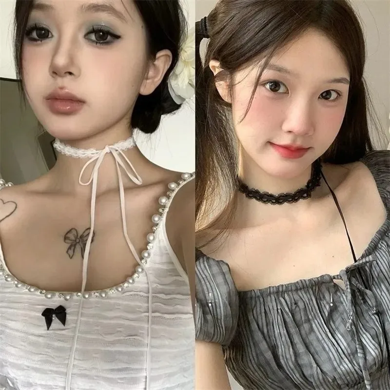White/Black Lace Necklace Verstile Long Ribbon Layered Clavicle Chain Choker for Women Girls Daily Wear Neck Decoration Jewelry